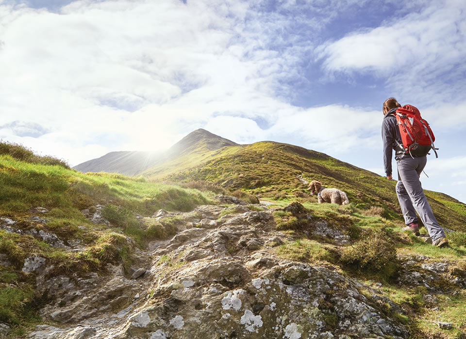 Woman and dog climbing a mountain